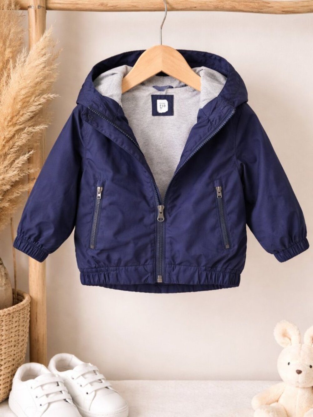 Baby Gap Boys Navy Blue Hooded Nylon Jacket 18-24 months Light Jersey lining EUC